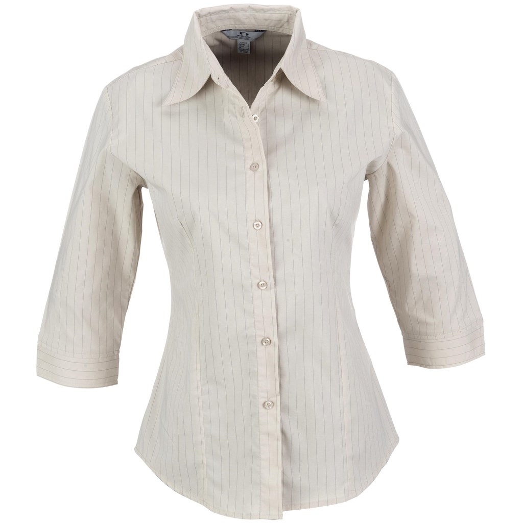Ladies 3/4 Sleeve Manhattan Striped Shirt - Khaki